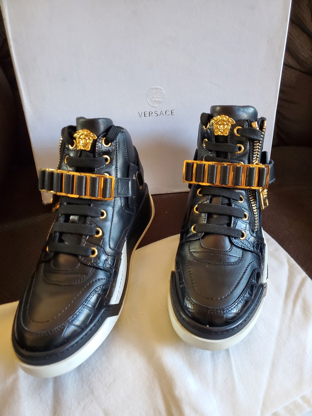 Versace Black Leather High-Top Sneakers with Gold Accents Size 38 Made In Italy
